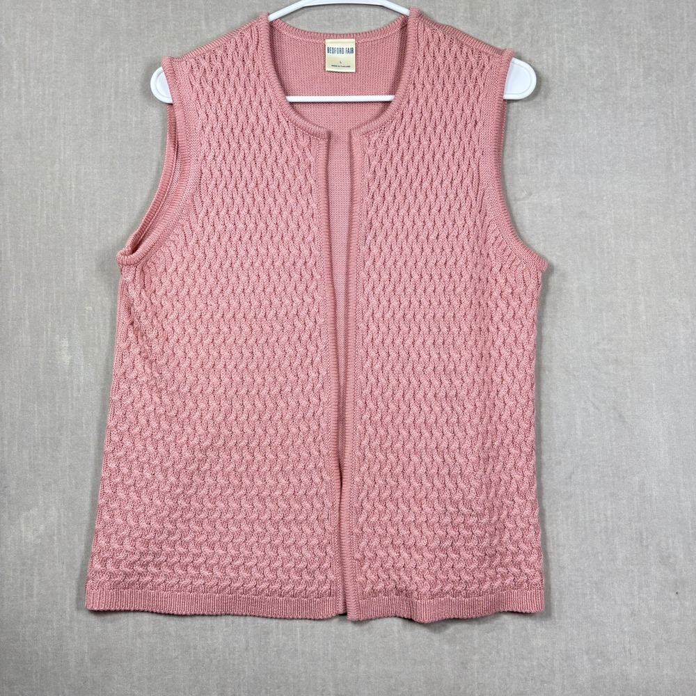 Bedford Fair Womens Open Front Knit Sweater Vest  L Pink‎ Textured Retro Cottage